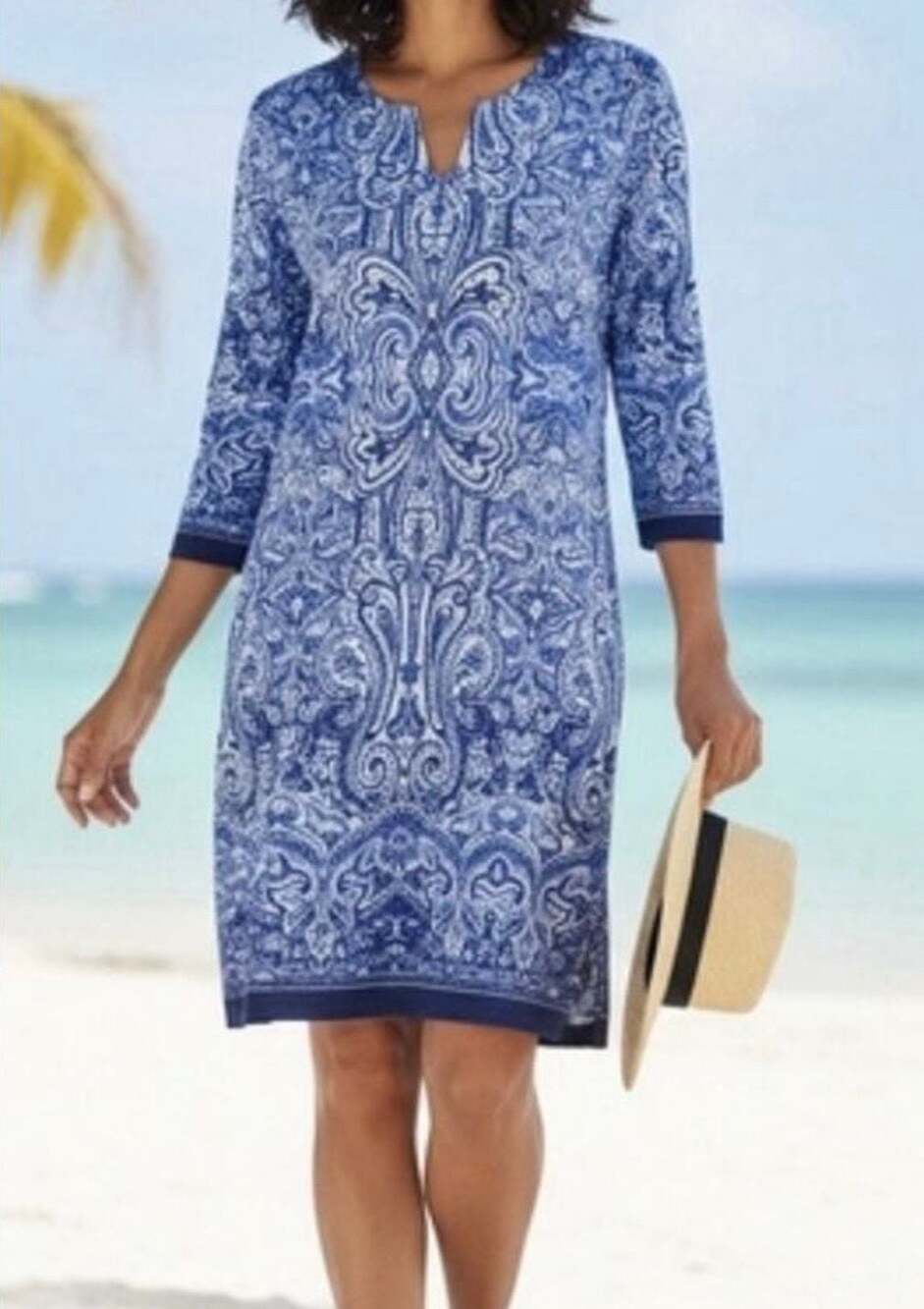 Coolibar UPF 50+ Blue Paisley 3/4 Sleeve Tunic Dress Size XL